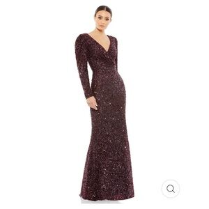 Mac Duggal PUFF SHOULDER SEQUINED SURPLICE GOWN size 12 mahogany NEW $498